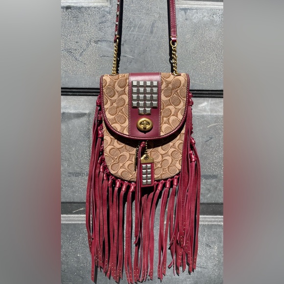 Coach Fringe Saddle Bag In Signature Jacquard With Pyramid Rivets - Picture 2 of 14